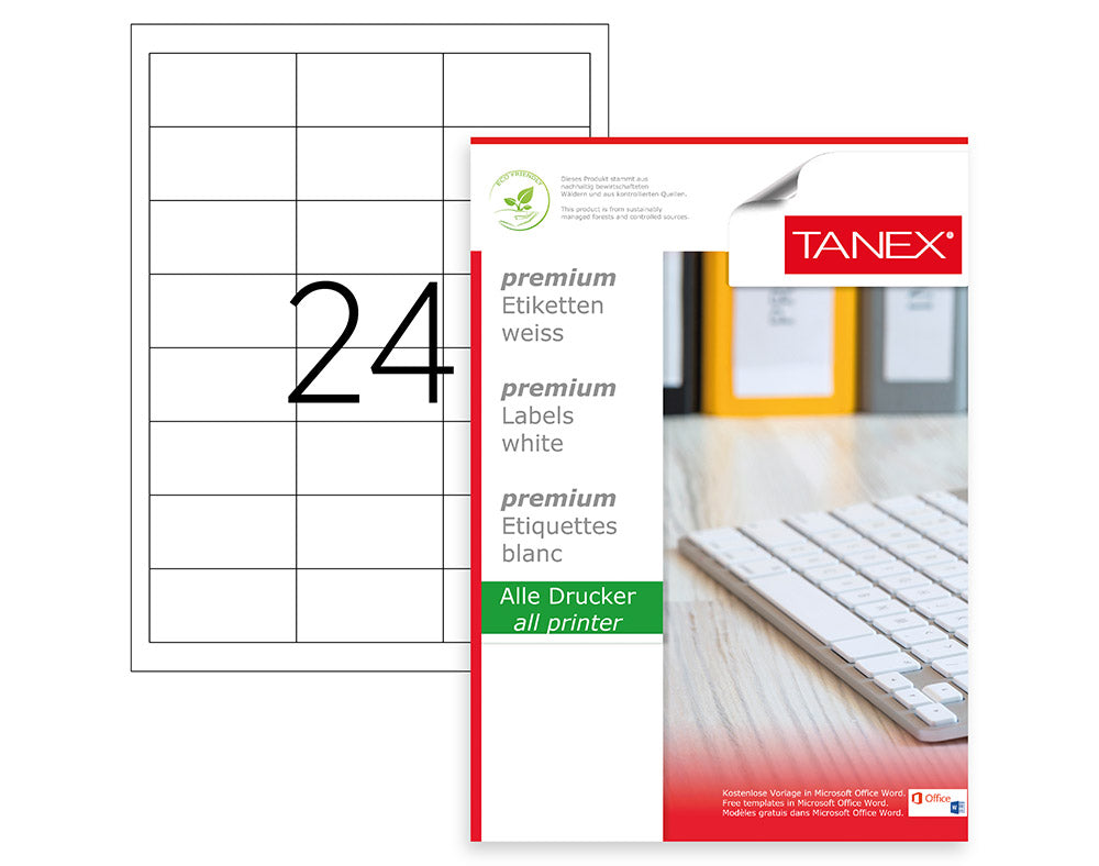 Top 100 coli etichete autoadezive A4 Tanex, 24 etichete pe coală cu colțuri drepte, dimensiune 64.6x33.8 mm, compatibile laser și inkjet