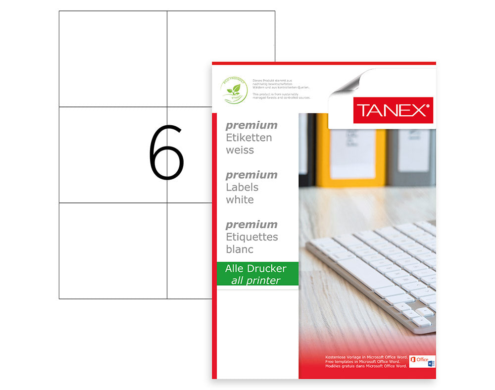 Top 100 coli etichete autoadezive A4 Tanex, 6 etichete pe coală cu colțuri drepte, dimensiune 105x99 mm, compatibile laser și inkjet.