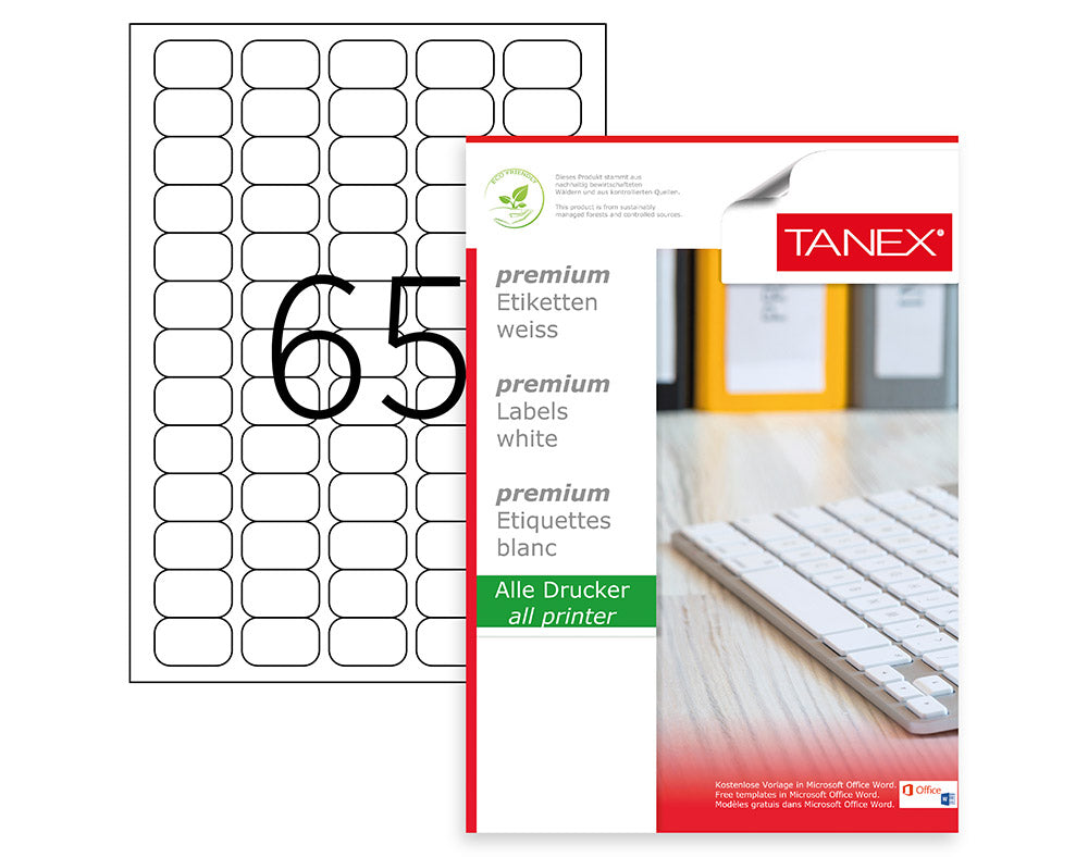Top 100 coli etichete autoadezive A4 Tanex, 65 etichete pe coală cu colțuri drepte, dimensiune 38.1x21.2 mm, compatibile laser și inkjet