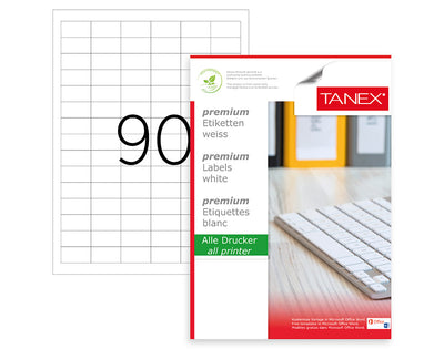 Top 100 coli etichete autoadezive A4 Tanex, 90 etichete pe coală cu colțuri drepte, dimensiune 33x19 mm, compatibile laser și inkjet.