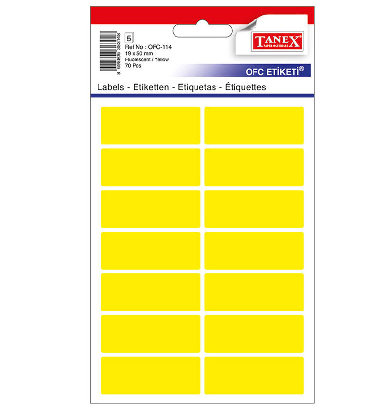 Set 70 etichete autoadezive colorate galbene Tanex, format 19x50 mm cu colțuri rotunde, ideale pentru prețuri și organizare