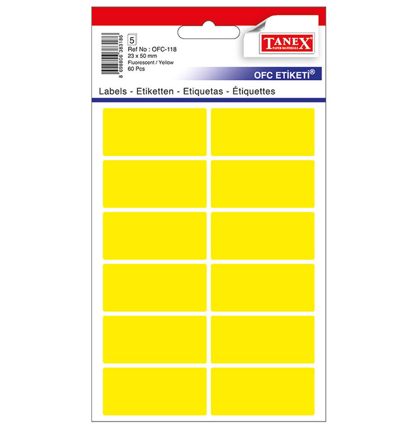 Set 60 etichete autoadezive colorate galbene Tanex, format 23x50 mm cu colțuri rotunde, ideale pentru prețuri și organizare vizuală.