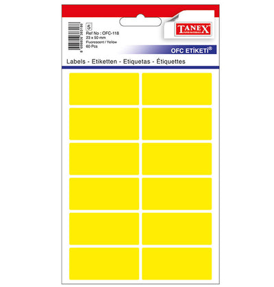Set 60 etichete autoadezive colorate galbene Tanex, format 23x50 mm cu colțuri rotunde, ideale pentru prețuri și organizare vizuală.