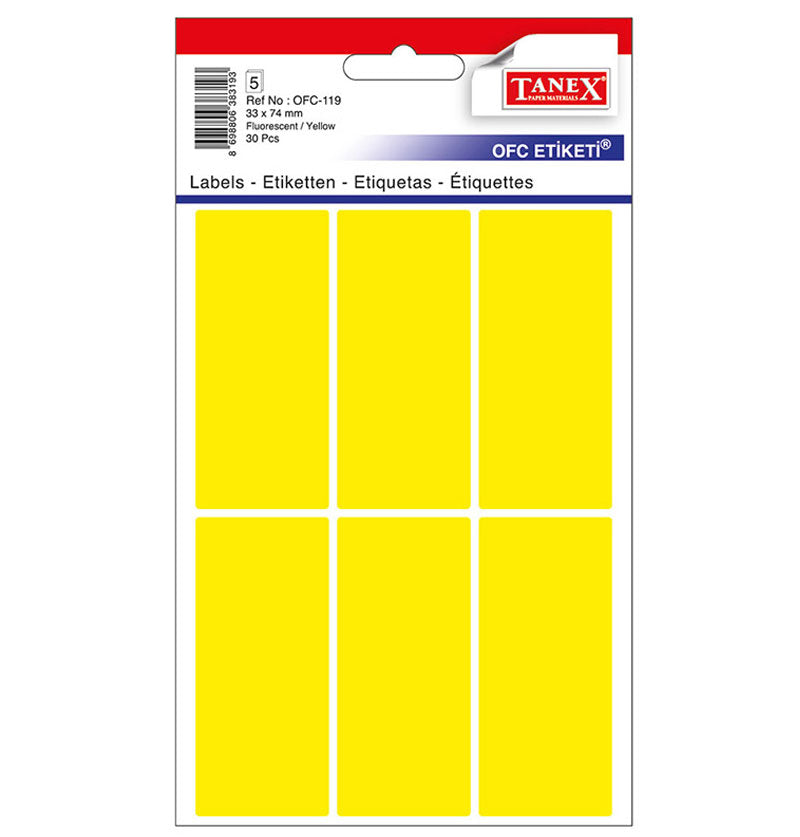 Set 30 etichete autoadezive colorate galbene Tanex, format 33x74 mm cu colțuri rotunde, ideale pentru prețuri și organizare vizuală