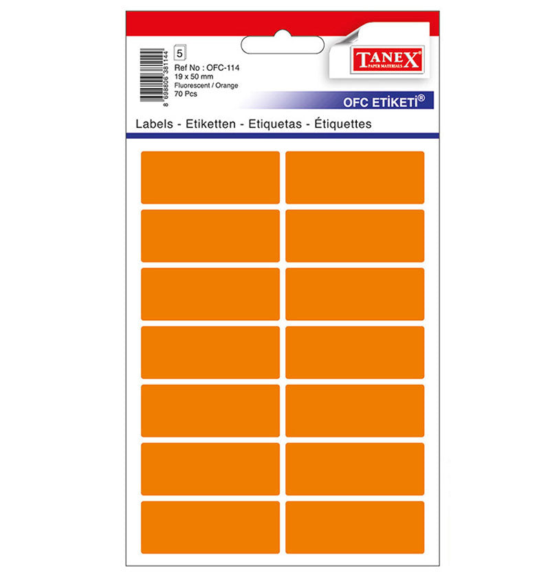 Set 70 etichete autoadezive colorate portocalii Tanex, format 19x50 mm cu colțuri rotunde, ideale pentru prețuri și organizare vizuală.