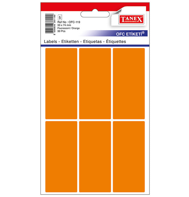 Set 30 etichete autoadezive colorate portocalii Tanex, format 33x74 mm cu colțuri rotunde, ideale pentru prețuri și organizare vizuală.