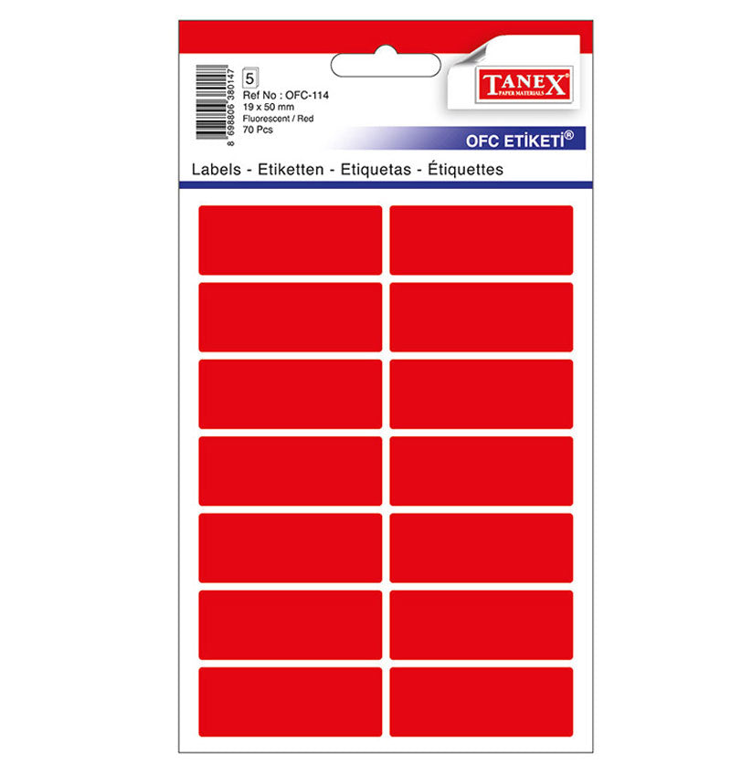 Set 70 etichete autoadezive colorate roșii Tanex, format 19x50 mm cu colțuri rotunde, ideale pentru prețuri și organizare vizuală.