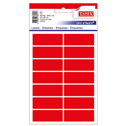 Set 70 etichete autoadezive colorate roșii Tanex, format 19x50 mm cu colțuri rotunde, ideale pentru prețuri și organizare vizuală.