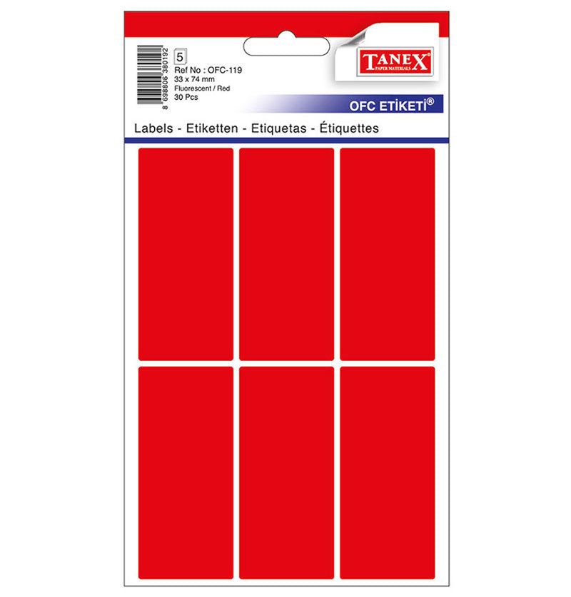 Set 30 etichete autoadezive colorate roșii Tanex, format 33x74 mm cu colțuri rotunde, ideale pentru prețuri și organizare vizuală.