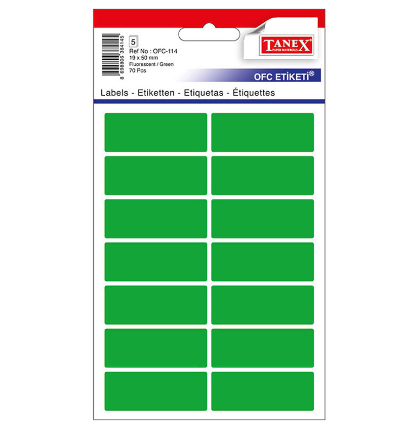 Set 70 etichete autoadezive colorate verzi Tanex, format 19x50 mm cu colțuri rotunde, ideale pentru prețuri și organizare vizuală.