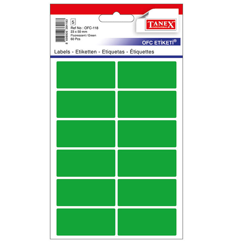 Set 60 etichete autoadezive colorate verzi Tanex, format 23x50 mm cu colțuri rotunde, ideale pentru prețuri și organizare vizuală.