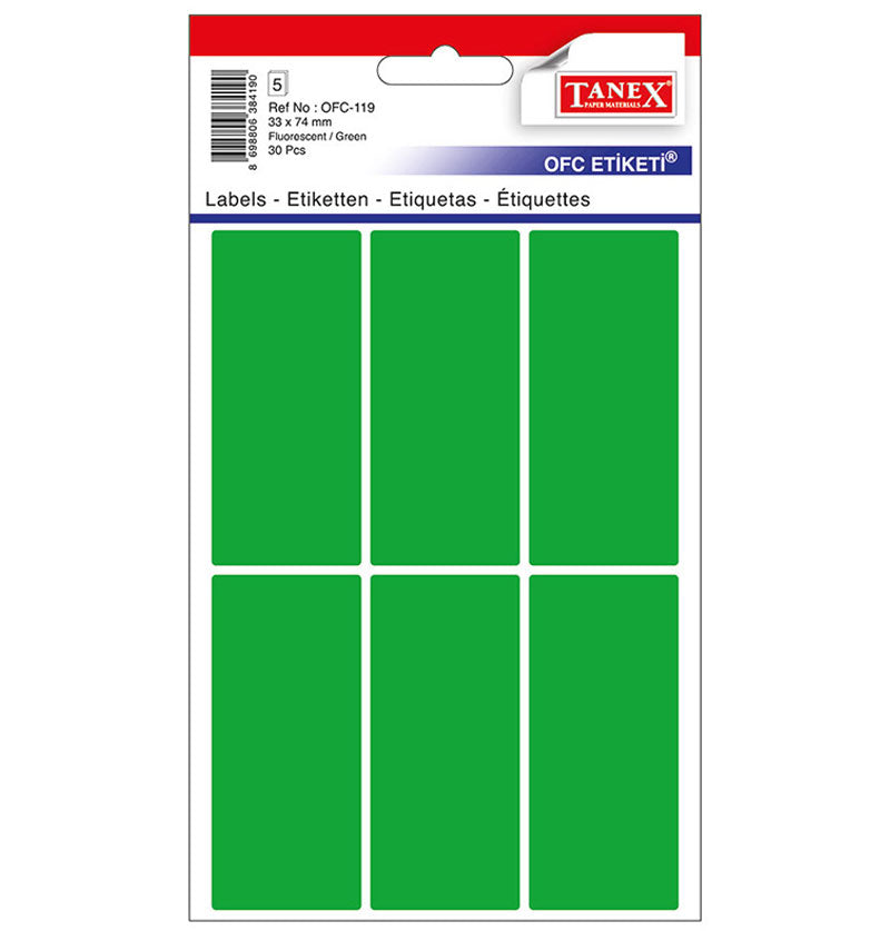 Set 30 etichete autoadezive colorate verzi Tanex, format 33x74 mm cu colțuri rotunde, ideale pentru prețuri și organizare vizuală.