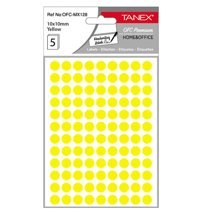 Set 540 etichete autoadezive rotunde galbene Tanex, diametru 10 mm, din hârtie ecologică FSC Mix, ideale pentru codare și prețuri