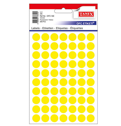 Set 350 etichete autoadezive rotunde galbene Tanex, diametru 13 mm, din hârtie ecologică FSC Mix, ideale pentru codare și prețuri.