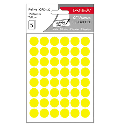 Set 240 etichete autoadezive rotunde galbene Tanex, diametru 16 mm, din hârtie ecologică FSC Mix, ideale pentru codare și prețuri.