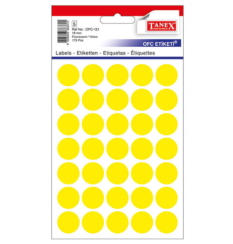 Set 175 etichete autoadezive rotunde galbene Tanex, diametru 19 mm, din hârtie ecologică FSC Mix, ideale pentru codare și prețuri