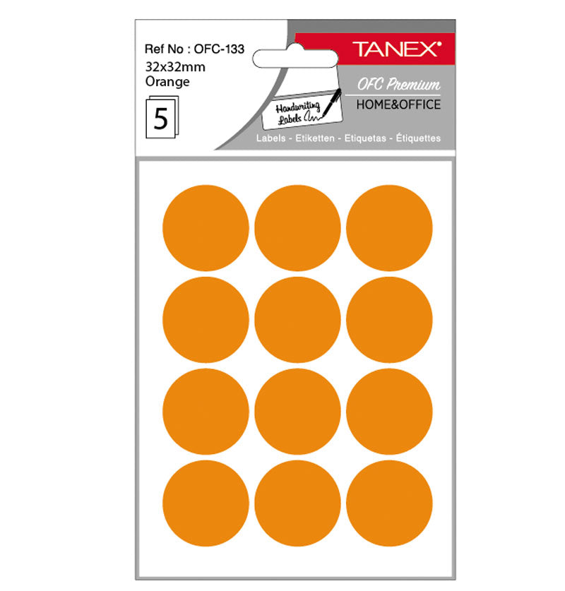 Set 60 etichete autoadezive rotunde portocalii Tanex, diametru 32 mm, din hârtie ecologică FSC Mix, ideale pentru codare și prețuri
