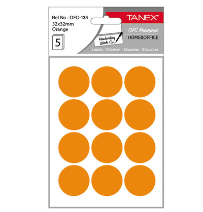 Set 60 etichete autoadezive rotunde portocalii Tanex, diametru 32 mm, din hârtie ecologică FSC Mix, ideale pentru codare și prețuri