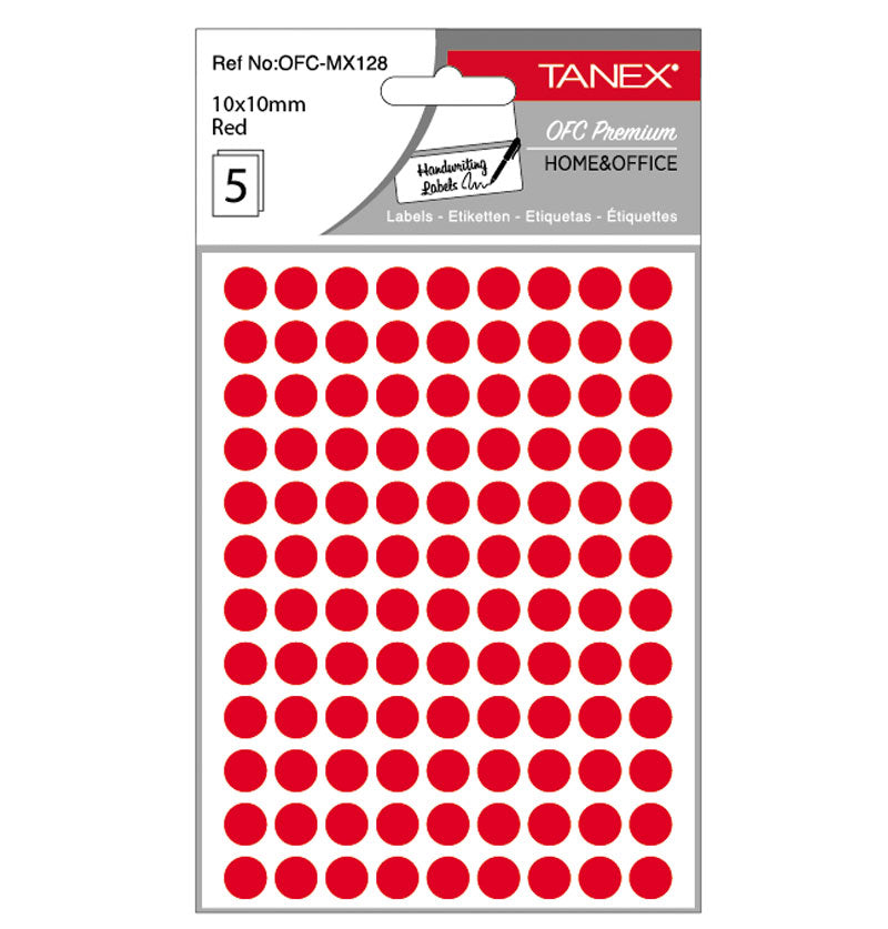 Set 540 etichete autoadezive rotunde roșii Tanex, diametru 10 mm, din hârtie ecologică FSC Mix, ideale pentru codare și prețuri
