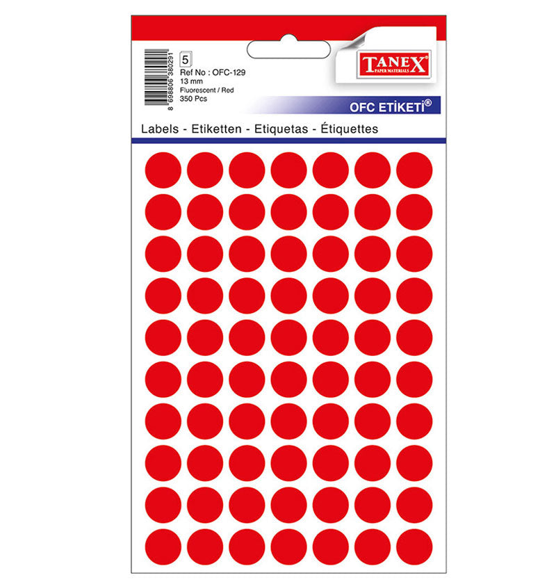 Set 350 etichete autoadezive rotunde roșii Tanex, diametru 13 mm, din hârtie ecologică FSC Mix, ideale pentru codare și prețuri.