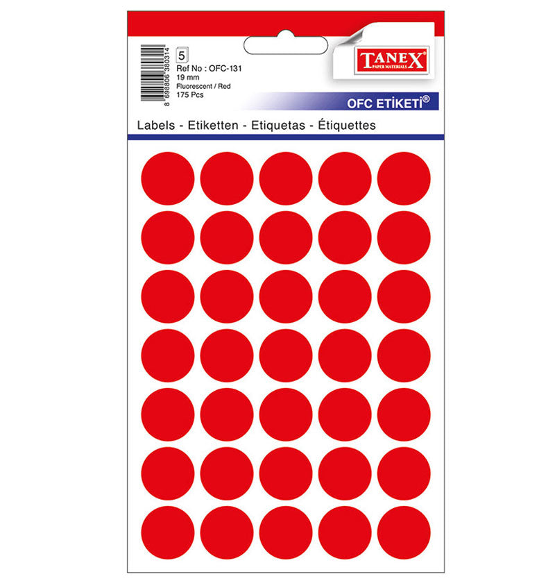 Set 175 etichete autoadezive rotunde roșii Tanex, diametru 19 mm, din hârtie ecologică FSC Mix, ideale pentru codare și prețuri.
