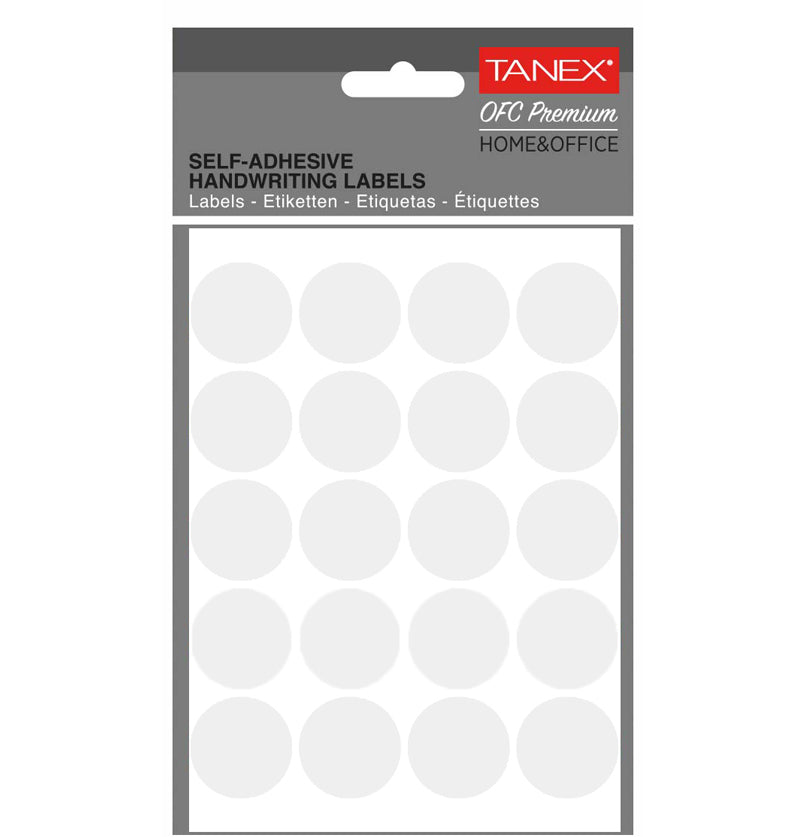 Set 200 etichete autoadezive rotunde albe Tanex, diametru 25 mm, din hârtie ecologică FSC Mix, ideale pentru prețuri și organizare.