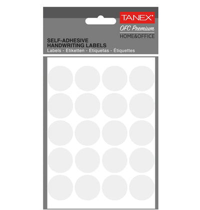 Set 200 etichete autoadezive rotunde albe Tanex, diametru 25 mm, din hârtie ecologică FSC Mix, ideale pentru prețuri și organizare.