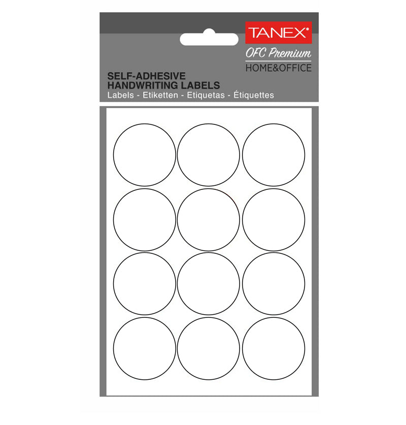 Set 120 etichete autoadezive rotunde albe Tanex, diametru 32 mm, din hârtie ecologică FSC Mix, ideale pentru prețuri și organizare.