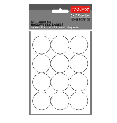 Set 120 etichete autoadezive rotunde albe Tanex, diametru 32 mm, din hârtie ecologică FSC Mix, ideale pentru prețuri și organizare.