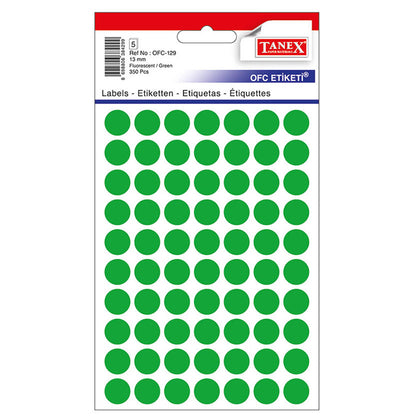 Set 350 etichete autoadezive rotunde verzi Tanex, diametru 13 mm, din hârtie ecologică FSC Mix, ideale pentru codare și prețuri.