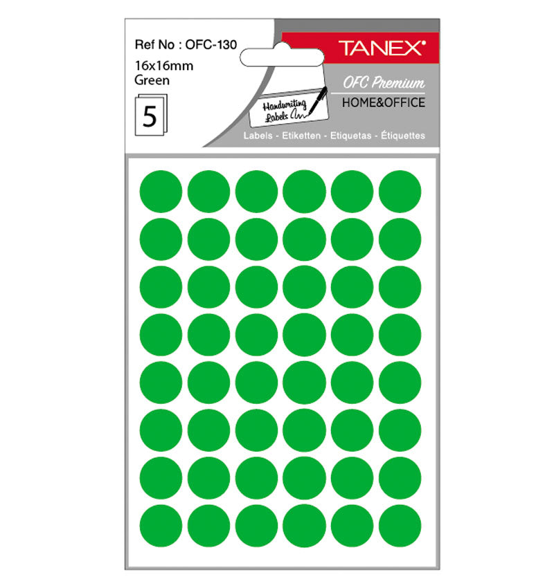 Set 240 etichete autoadezive rotunde verzi Tanex, diametru 16 mm, din hârtie ecologică FSC Mix, ideale pentru codare și prețuri