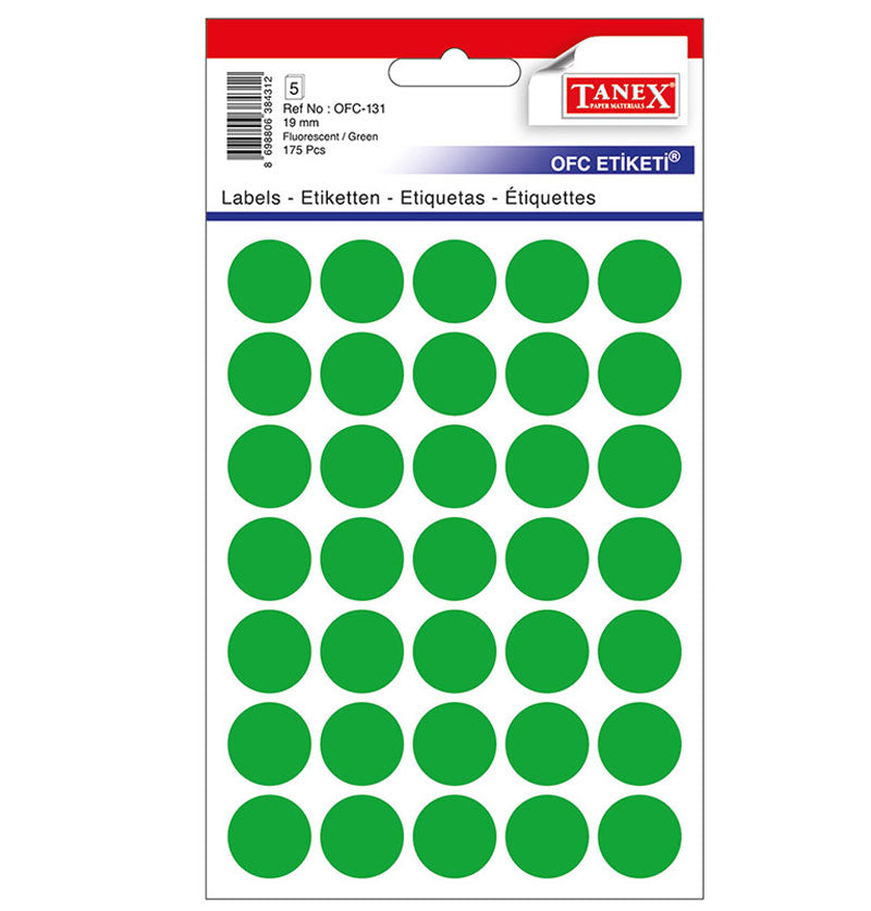 Set 175 etichete autoadezive rotunde verzi Tanex, diametru 19 mm, din hârtie ecologică FSC Mix, ideale pentru codare și prețuri.