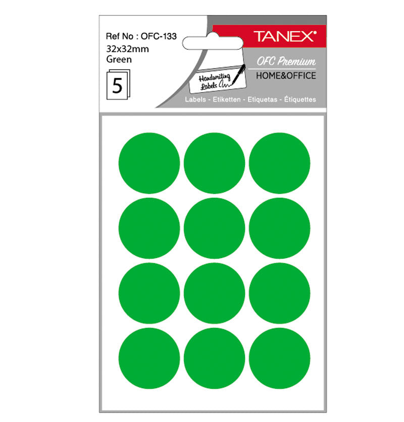 Set 60 etichete autoadezive rotunde verzi Tanex, diametru 32 mm, din hârtie ecologică FSC Mix, ideale pentru codare și prețuri