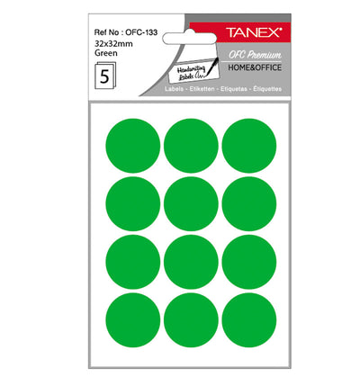 Set 60 etichete autoadezive rotunde verzi Tanex, diametru 32 mm, din hârtie ecologică FSC Mix, ideale pentru codare și prețuri