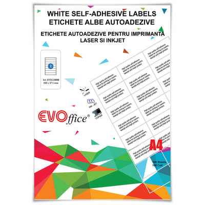 Etichete autoadezive albe pentru biblioraft, marca EVOffice, dimensiune 192x37.1 mm, 8 etichete pe coală A4, cutie cu 100 coli, ideale pentru arhivarea profesională și organizarea documentelor