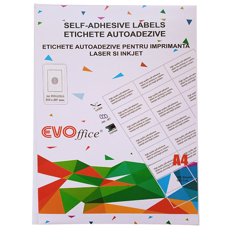 Top 100 coli etichete autoadezive color albastru A4 EVOffice, format integral 210x297 mm, compatibile laser și inkjet.