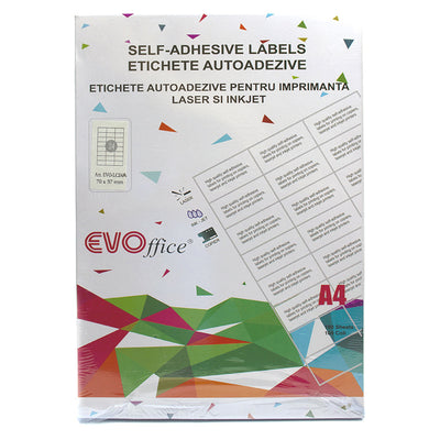 Top 100 coli etichete autoadezive color albastru A4 EVOffice, 24 etichete pe coală cu colțuri drepte, dimensiune 70x37 mm, compatibile laser și inkjet