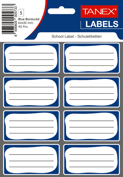 Set 40 etichete școlare autoadezive Tanex albastre, dimensiune 64x35 mm, pentru caiete și manuale