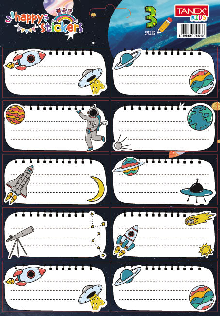 Set 30 etichete școlare autocolante Tanex cu design Cosmos, ideale pentru caiete și manuale