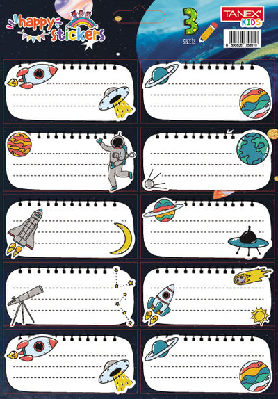 Set 30 etichete școlare autocolante Tanex cu design Cosmos, ideale pentru caiete și manuale