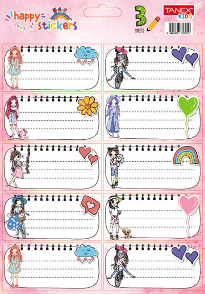Set 30 etichete școlare autocolante Tanex cu design Girls, ideale pentru caiete și manuale