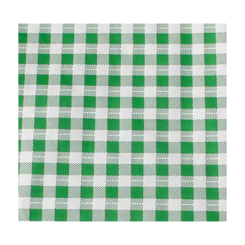 Față de masă din hârtie cerată cu polietilenă și carouri verzi, dimensiune 88x100 cm, ideală pentru restaurante și uz casnic.