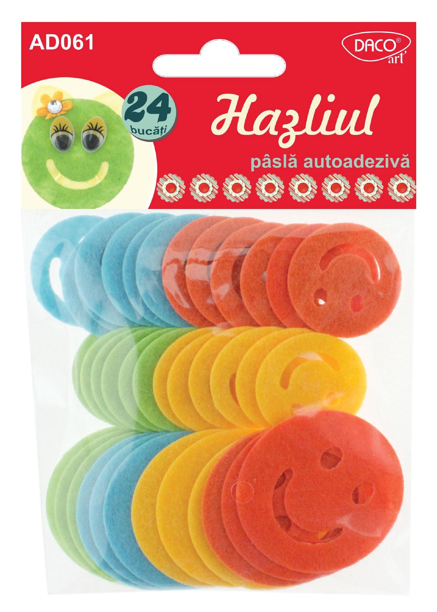 Set de 24 de elemente decorative "Hazliu" din pâslă autoadezivă cu fețe zâmbitoare colorate, brand DACO Art, pentru activități creative