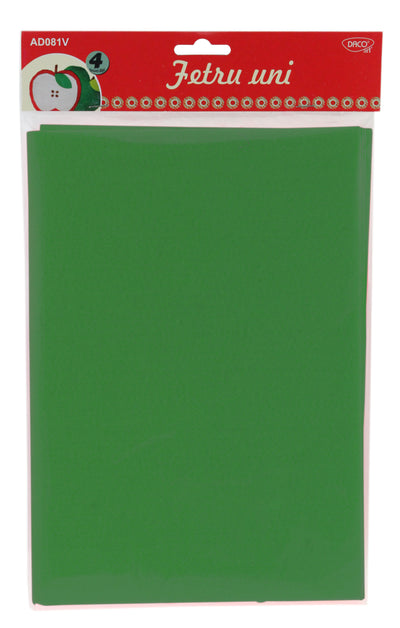 Set de 4 coli de fetru moale uni de culoare verde, format A4 și grosime de 1.4 mm, marca DACOart, pentru activități creative, decorațiuni handmade și lucru manual