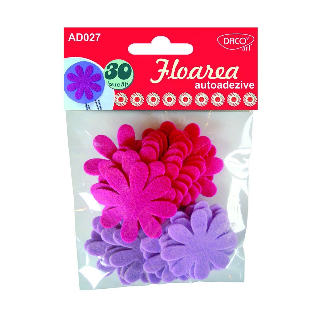 Set de 30 de flori decorative din fetru autoadeziv în culori variate, brand DACO Art, pentru proiecte craft și activități creative