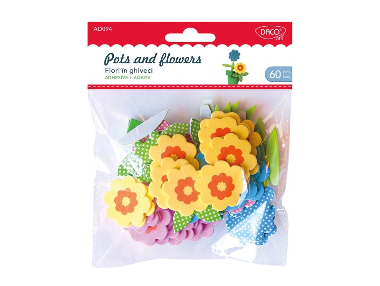 Set de 60 de elemente decorative din spumă autoadezivă cu modele de flori, frunze și ghivece, brand DACO Art, cod AD094