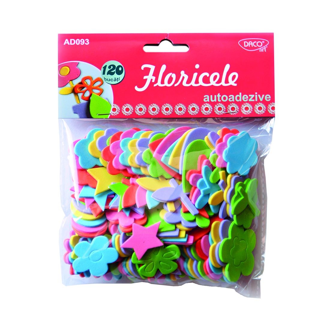 Set de 120 de piese decorative din spumă autoadezivă cu modele de floricele, frunze și ghivece, brand DACO Art, cod AD093