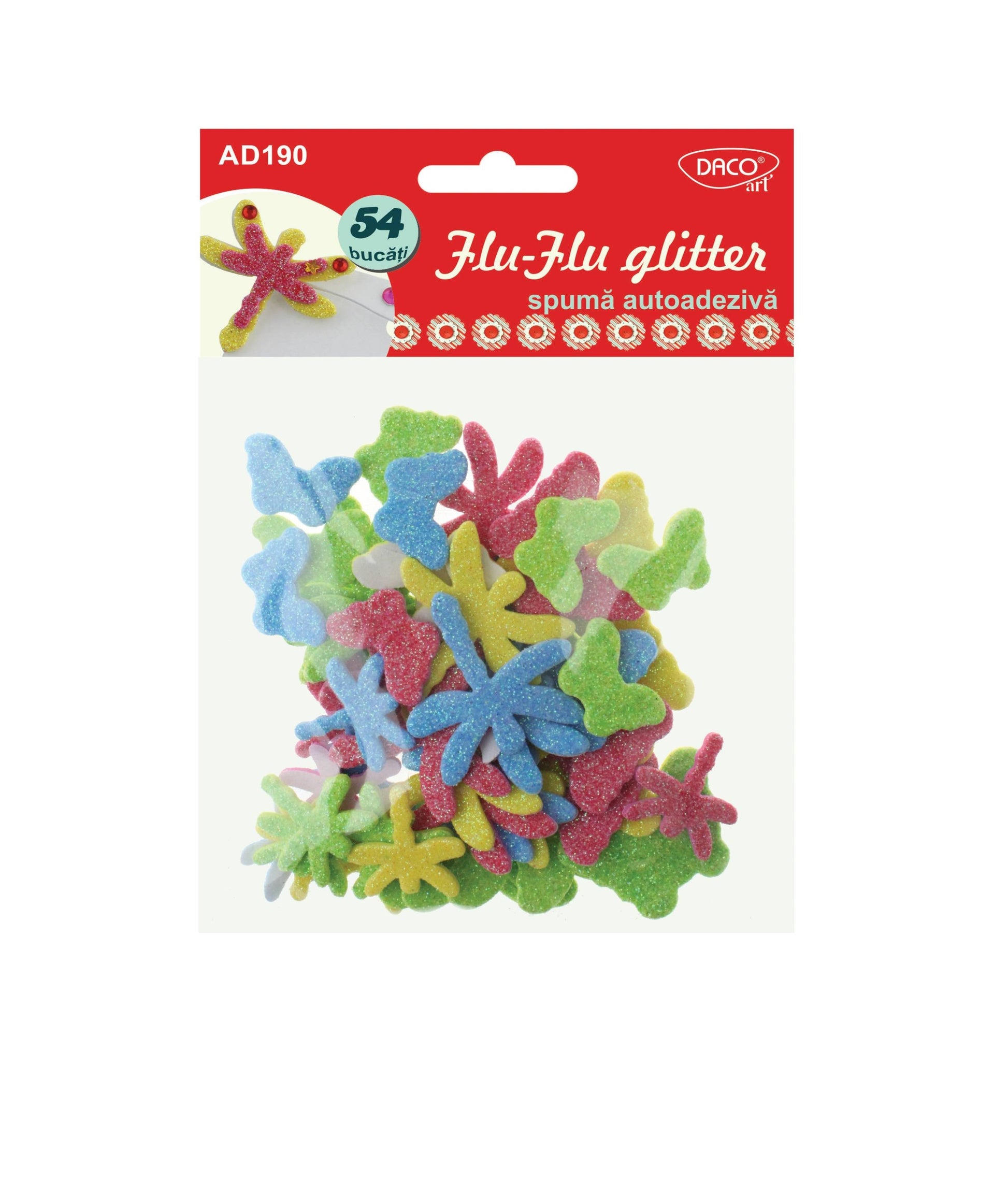 Set de 54 figurine decorative fluturi și libelule din spumă glitter autoadezivă, 5 culori vibrante, brand DACO Art, cod AD190