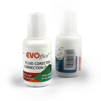 Fluid corector Evoffice pe baza de apa 20ml cu aplicator pensula uscare rapida fara umbre la copiere