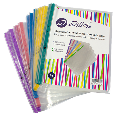 Folie protectie documente A4, cristal, 105 microni, cu margine color 50 buc/set Willgo